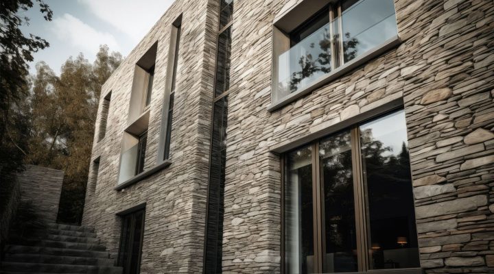 Close-up view of a modern building facade adorned with neatly arranged stone veneer, highlighting contemporary architectural techniques and materials.