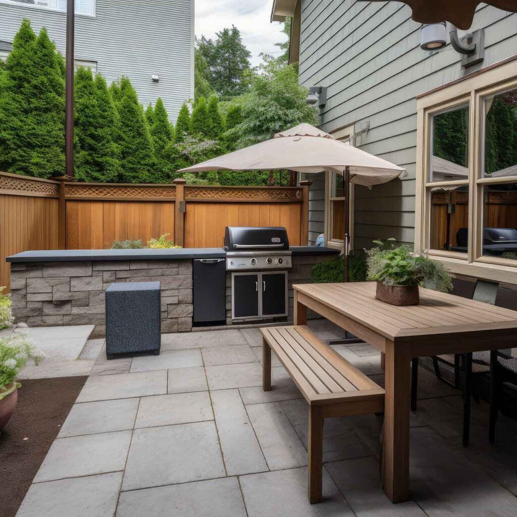 A cozy backyard patio featuring a built-in grill and a dining area, surrounded by lush greenery and wood fencing, ideal for summer parties and family gatherings.