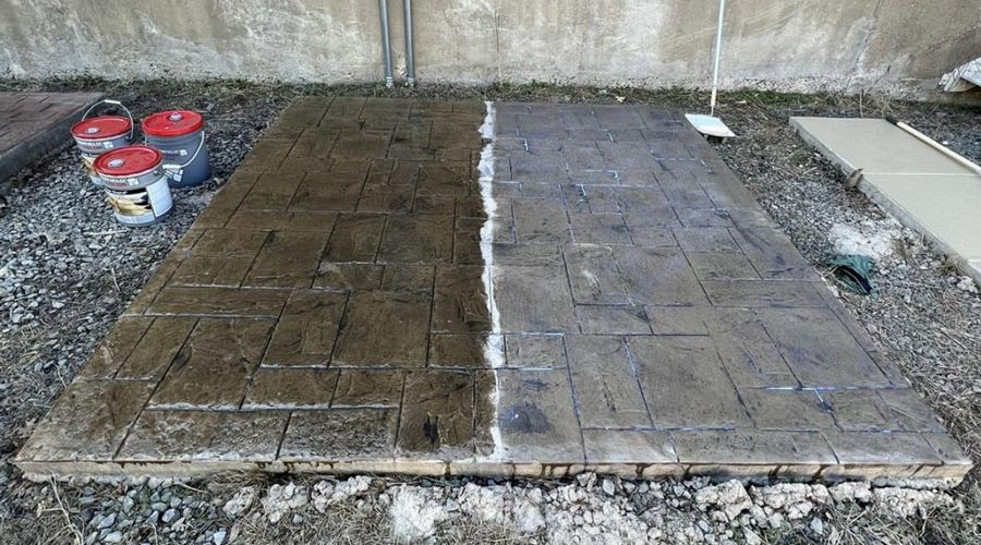 An ongoing project demonstrating the process of installing stamped concrete, highlighting precision and craftsmanship.