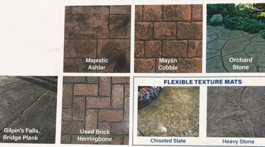 A collection of flexible texture mats showcasing various stamped concrete patterns for diverse design needs.